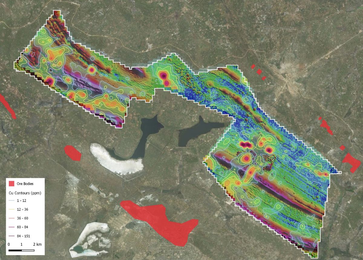 Results of airborne magnetic survey and geochemical soil sampling over the Murundi licence in 2020.