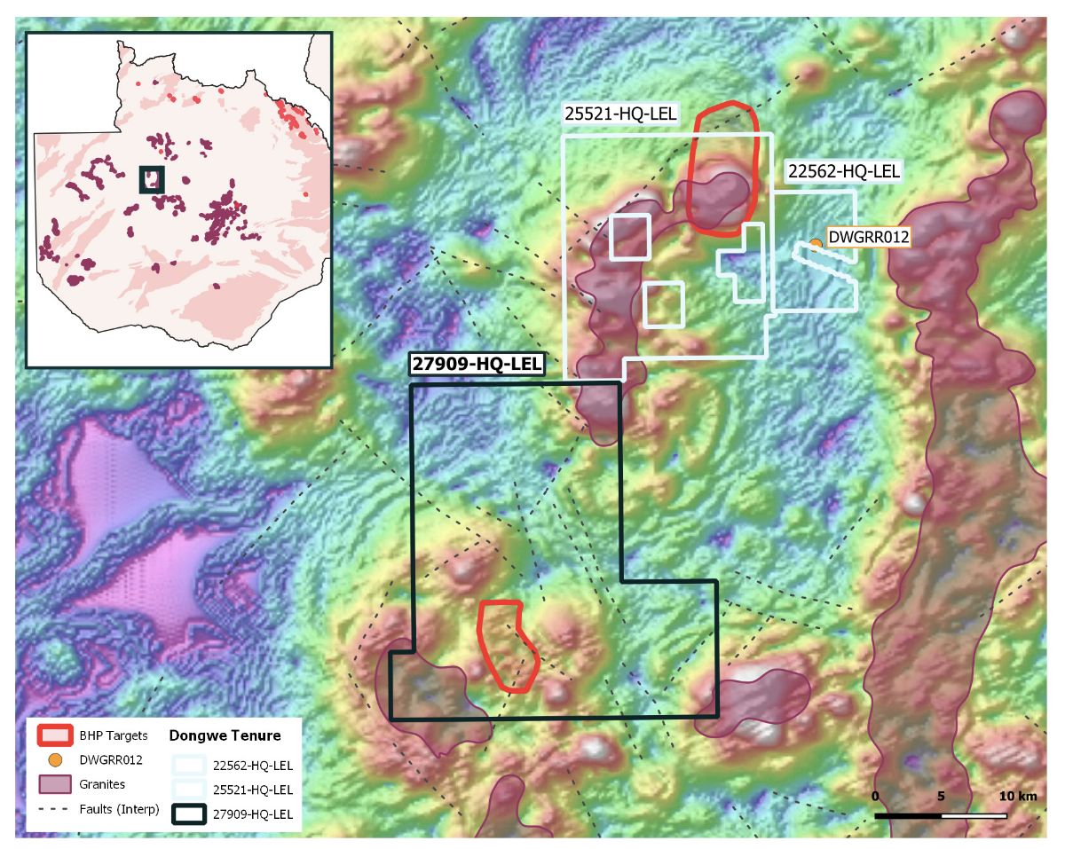 Figure 1: Location of new licence acquisition (27909_HQ-LEL) in Zamare's Dongwe Project area. In October 2020, Zamare assayed 15.8% Cu and 0.57g/t Au from sample DWGRR012.
